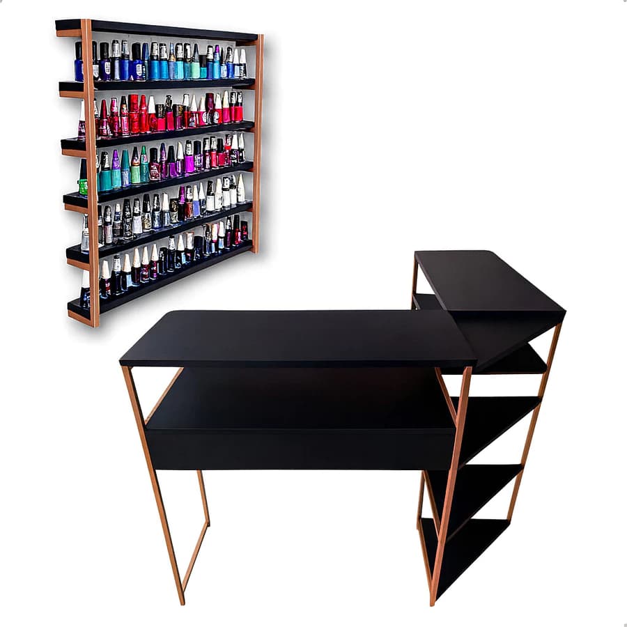 Mesa Industrial Manicure em L – Preta com Suporte de Esmaltes